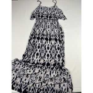 Octavia Womens Navy White Ikat Geometric Smocked Waist Ruffle Maxi‎ Dress M